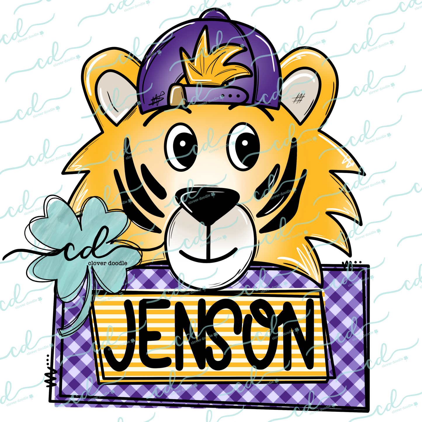 {Football Tiger W/ Backwards Cap + Nameplate- Purple + Gold} - CD