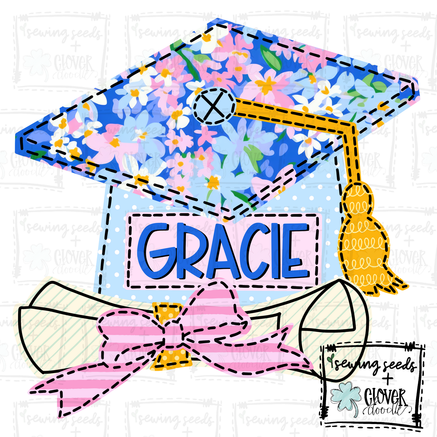 {Graduation Cap + Diploma W/Bow- Blue Floral} SS+CD