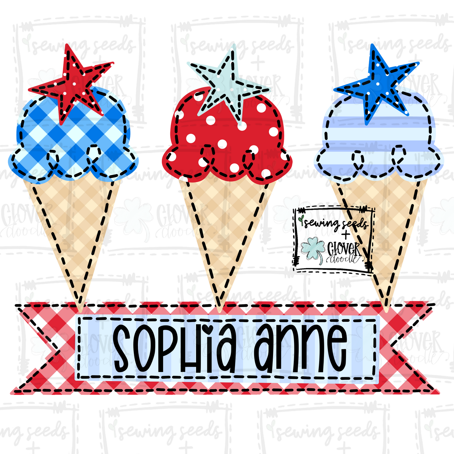 {Patriotic Ice Cream Cone Trio W/ Stars + Nameplate} SS+CD