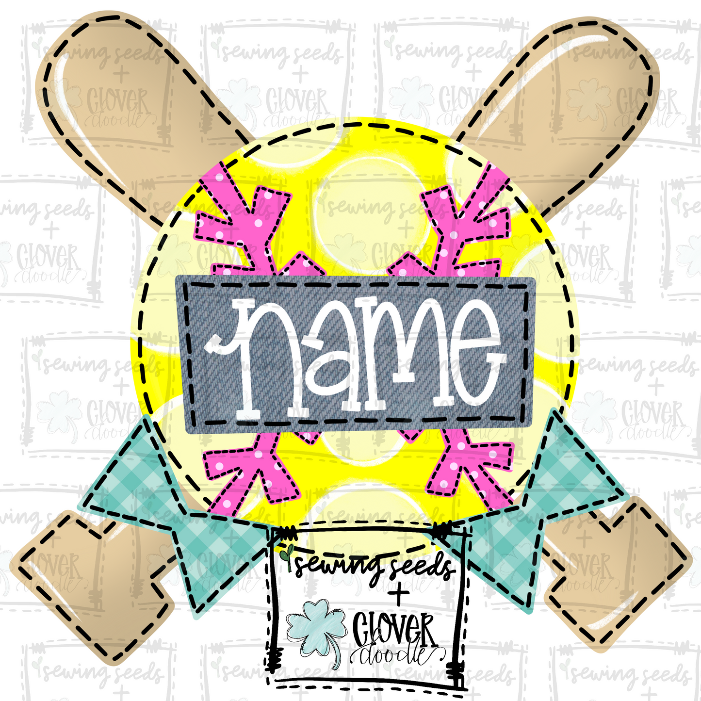 {Softball w/Crossed Bats + Bows- Pink and Teal} SS+CD