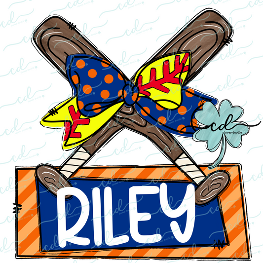 {Cross Bats With Softball Bow- Blue + Orange} - CD