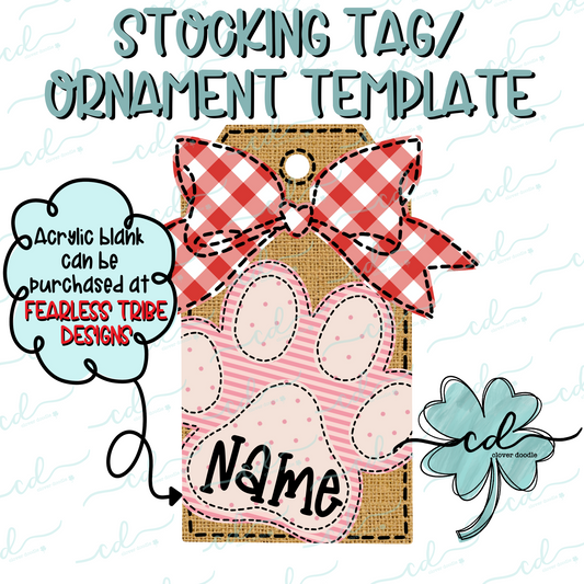 {Burlap Pink Paw Print W/Bow- Stocking Tag Template} - CD
