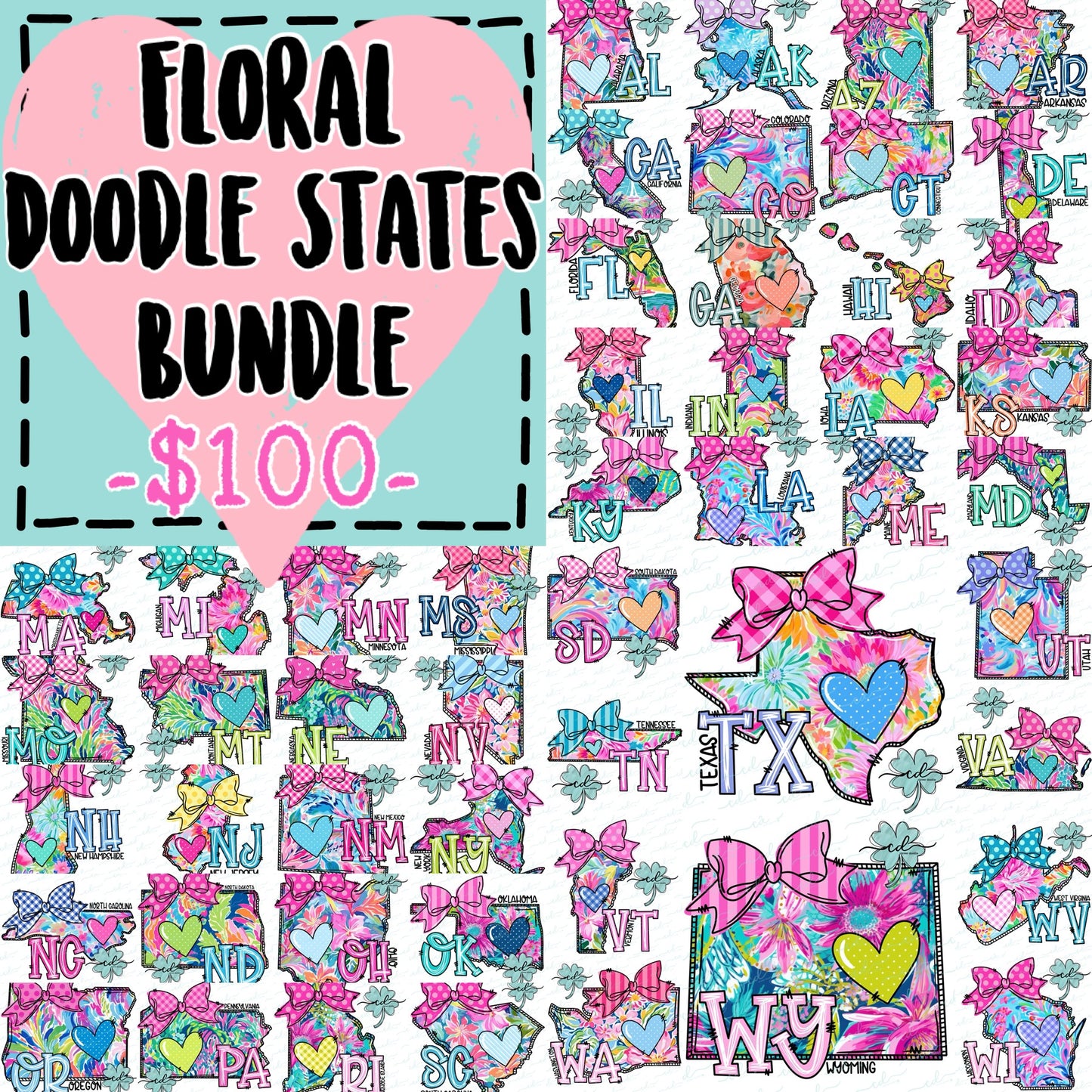 {Floral Doodle States BUNDLE- All 50 files individually saved!} - CD