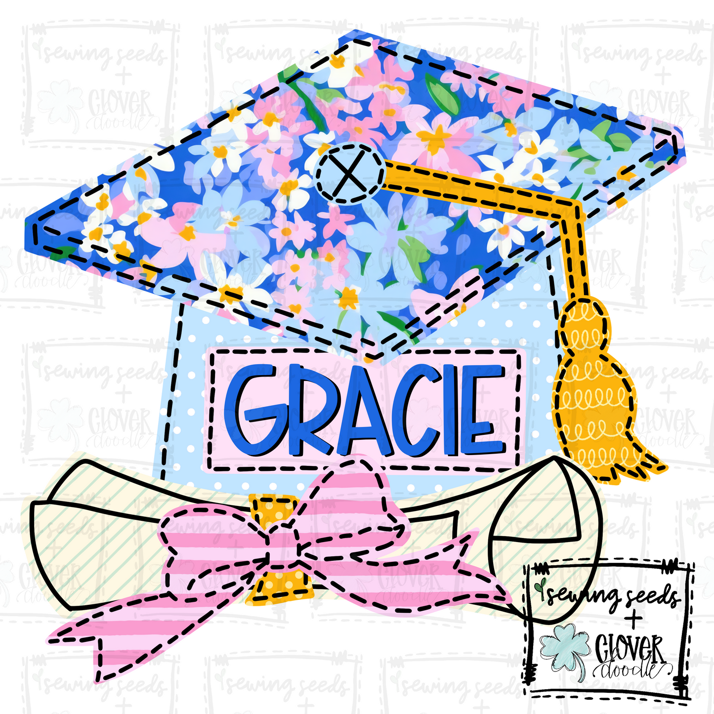 {Graduation Cap + Diploma W/Bow- Blue Floral}  SS+CD