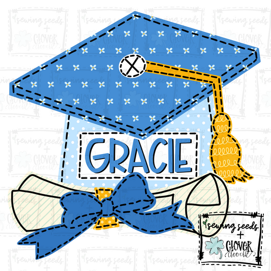 {Graduation Cap + Diploma W/Bow- Blue}  SS+CD