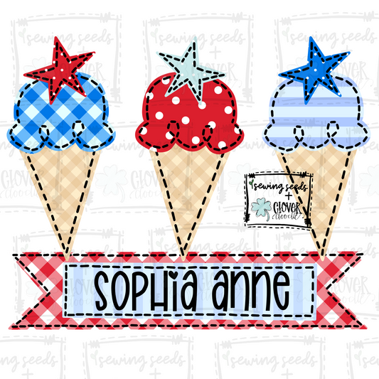 {Patriotic Ice Cream Cone Trio W/ Stars + Nameplate}  SS+CD