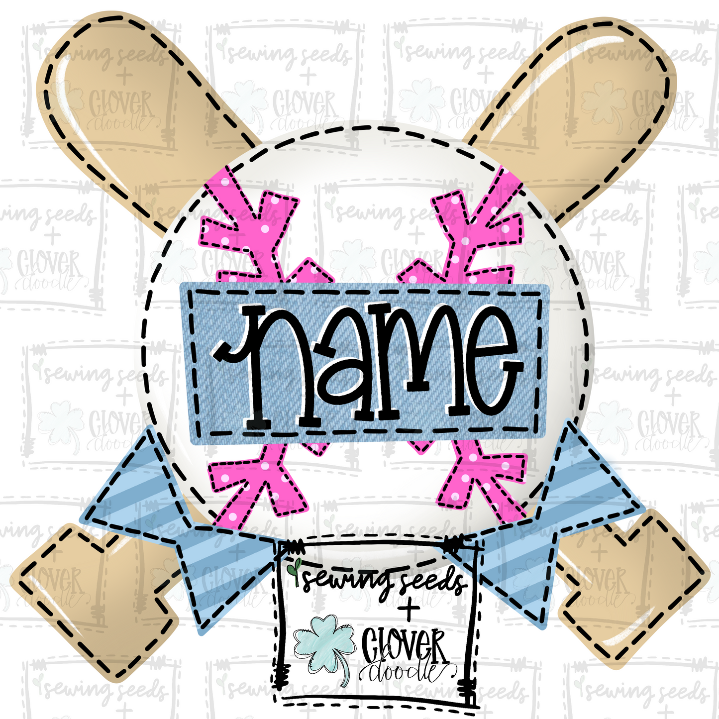 {Baseball w/Crossed Bats + Bows- Pink and Blue}  SS+CD