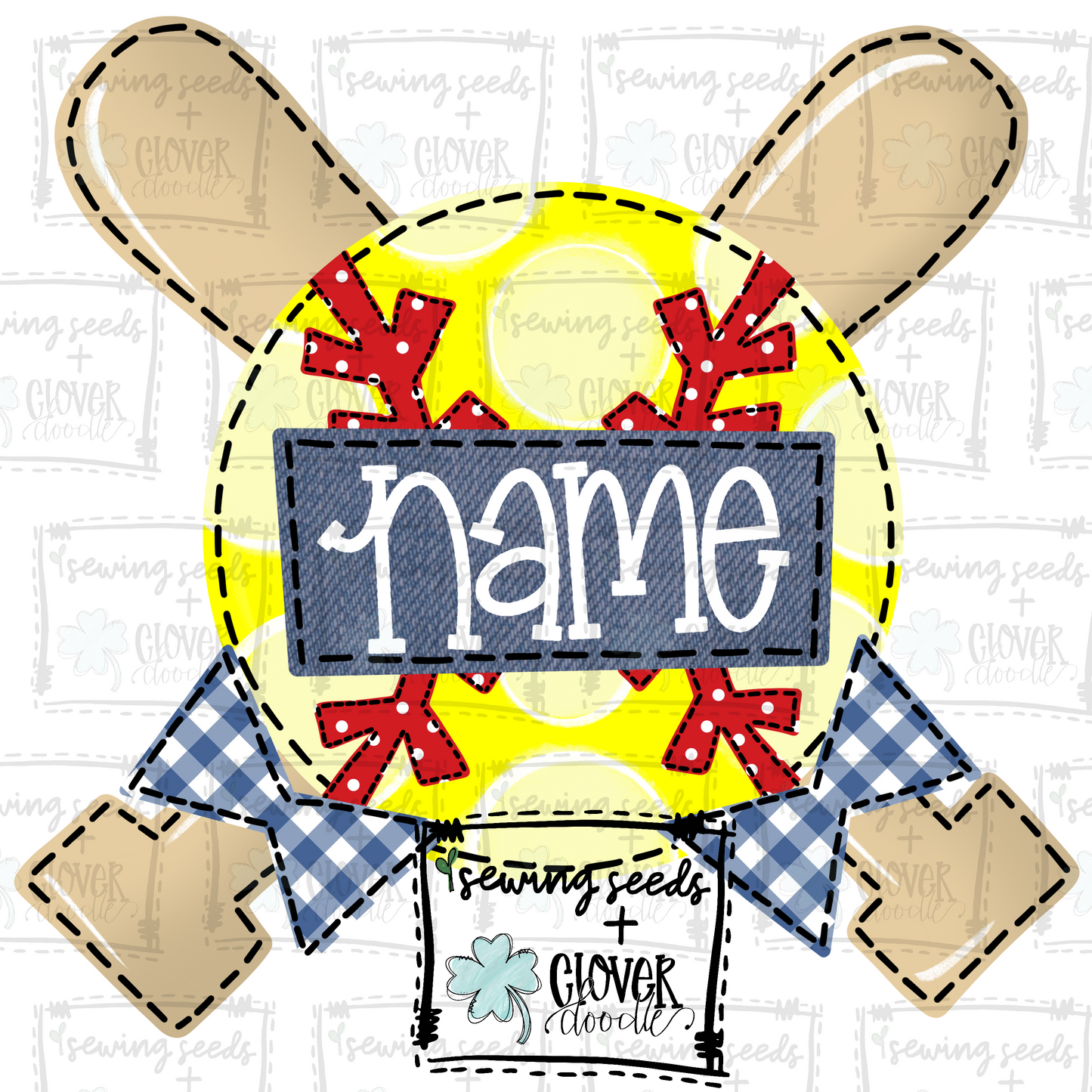 {Softball w/Crossed Bats + Bows- Red and Blue}  SS+CD