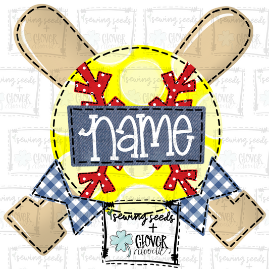 {Softball w/Crossed Bats + Bows- Red and Blue}  SS+CD